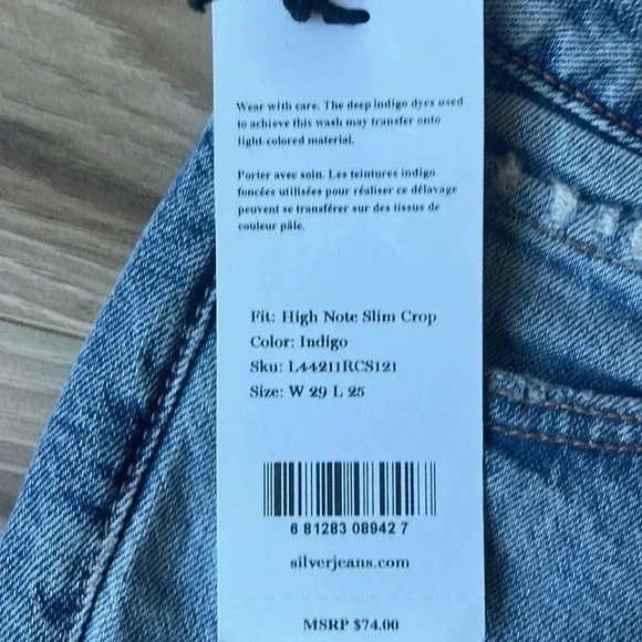 Silver High Note Slim Crop High rise Jeans Indigo Size 29x25 NEW - Picture 5 of 11